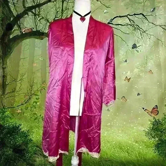 Victoria’s Secret Hot Pink Satin Robe With Beige Lace - Picture 2 of 10